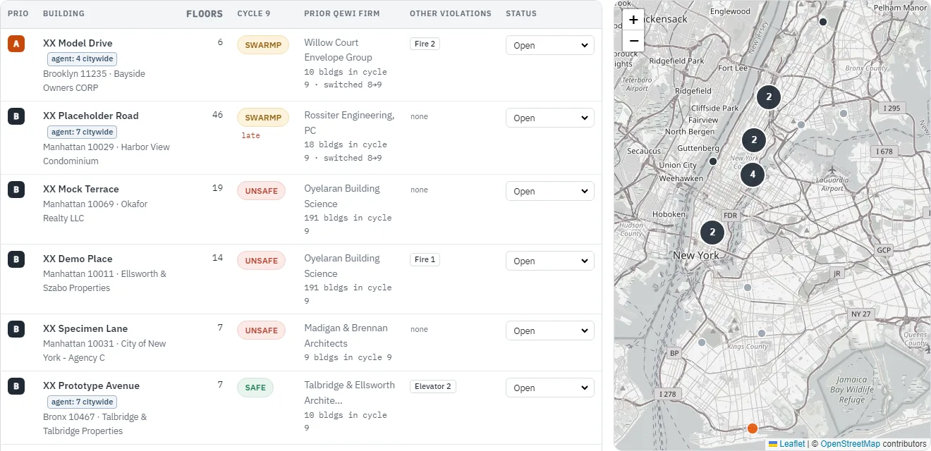Demo of the list: open buildings with priority A/B/C, floors, Cycle 9 rating, prior firm and its size, other violations and team status, next to the map. Invented buildings.