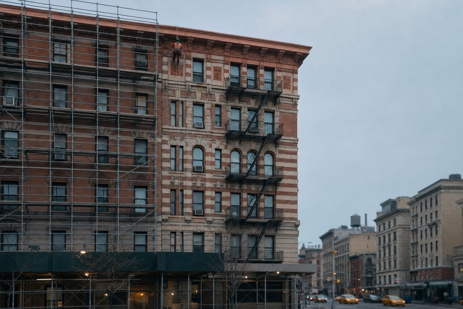 Pre-war Manhattan apartment building with a sidewalk shed, a pipe scaffold and a rope-access inspector near the cornice