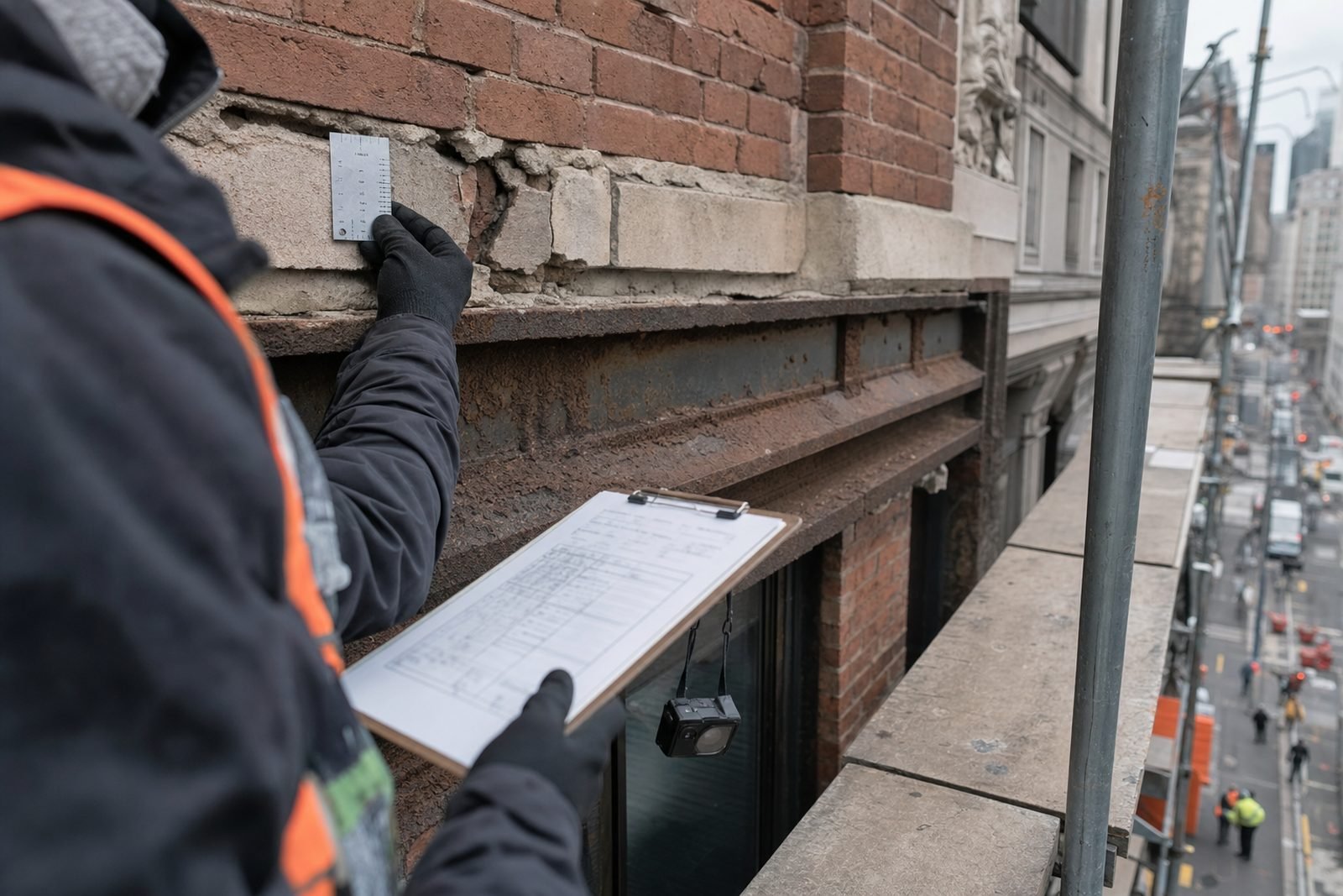Gloved hand holding a crack-width gauge against spalled brick during a facade inspection