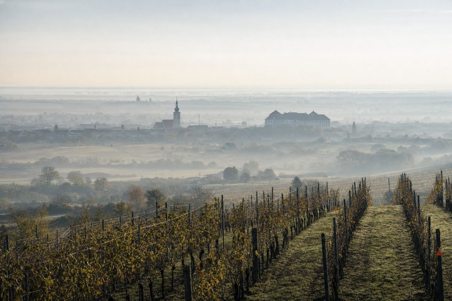 Misty vineyards in Burgenland overlooking a small town with church and palace
