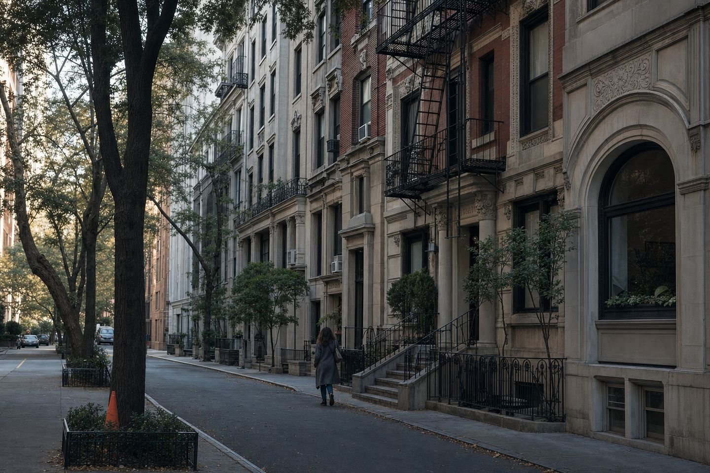 Tree-lined Upper West Side street with pre-war brick and limestone apartment buildings