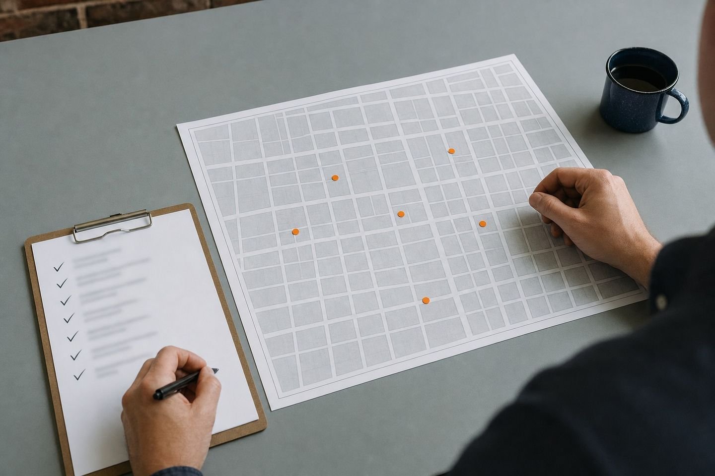 Unlabeled street-block map with orange markers beside a checklist clipboard