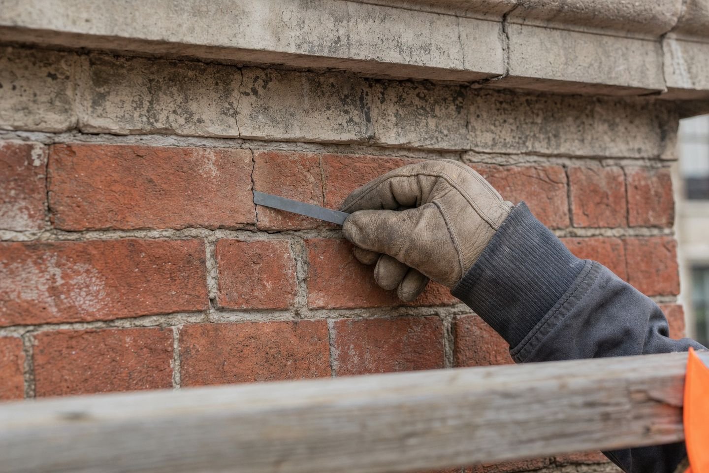 Gloved hand measuring a crack in old brick facade masonry with a gauge