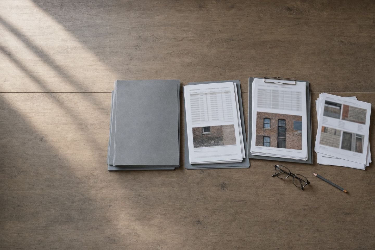 Facade inspection reports and grey folders arranged on a wooden table