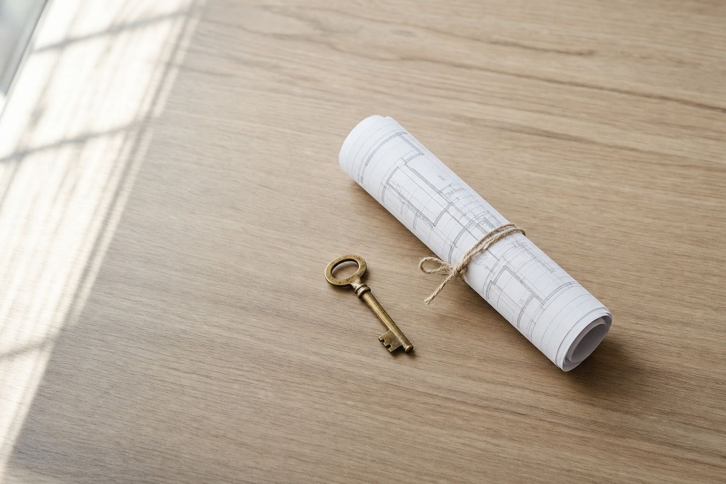 Brass key beside a rolled architectural blueprint on a light oak table