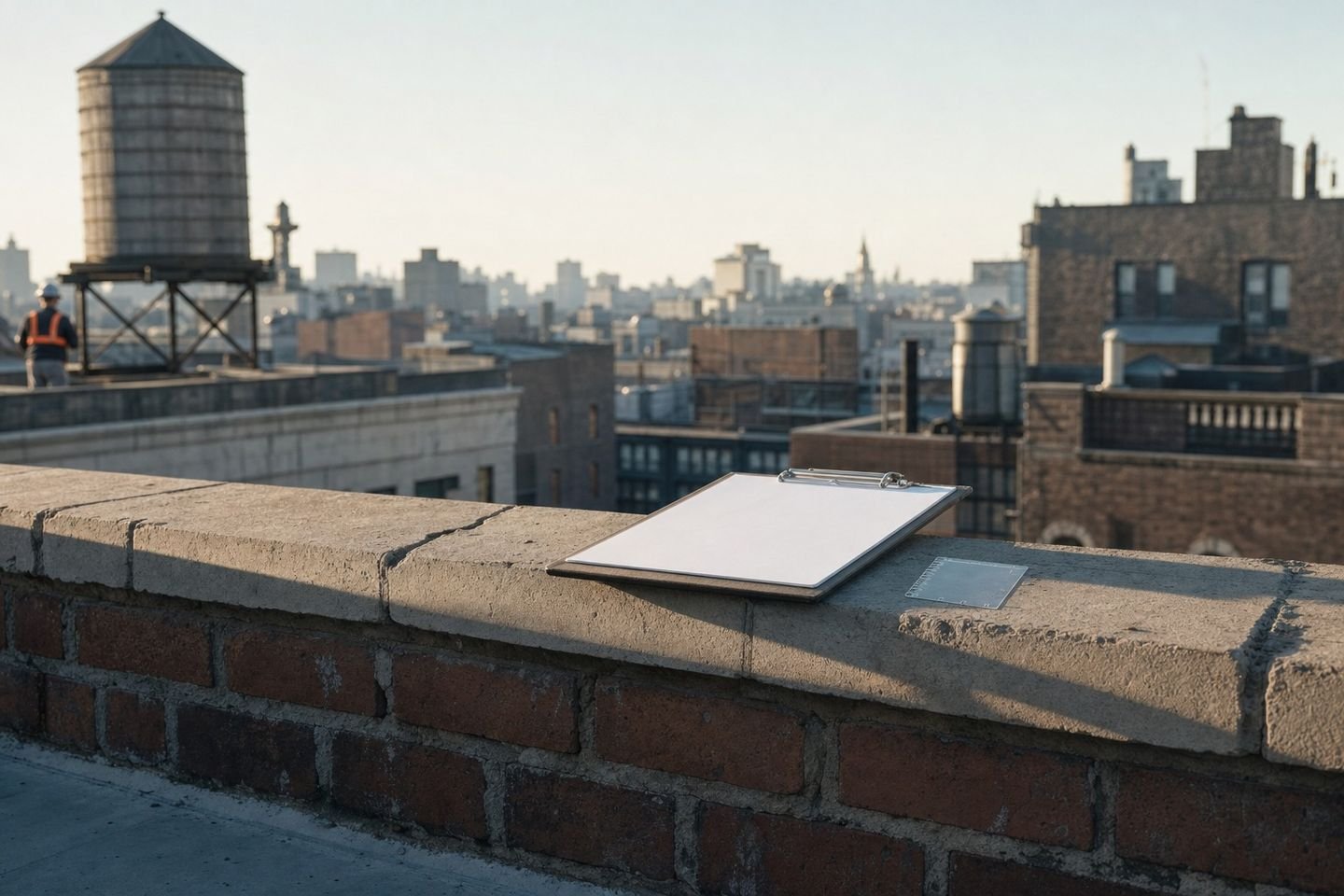 Clipboard and crack gauge on a brick rooftop parapet, wooden water tower behind